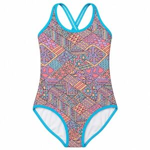 Girls' Multicolor Geometric Floral One-Piece Swimsuit with Bright Blue Trim